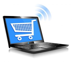 Shopping on the internet - concept icon computer shopping on the web