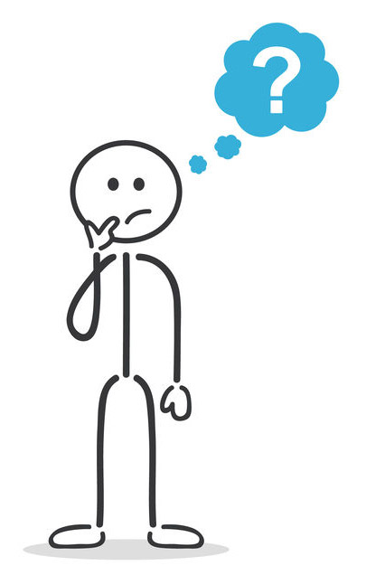 Stick Figure thinking (question mark in blue caption cloud outside of head)